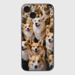 Чехол для iPhone 15 силиконовый с защитой камеры Веселые корги