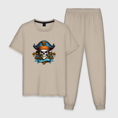 Мужская пижама хлопок с принтом Эмблема пиратского черепа, вид спереди #2