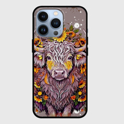 Лохматая корова с венком цветов трав – Чехол для iPhone 13 Pro с принтом купить