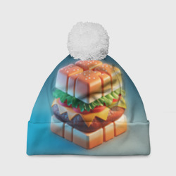 Шапка 3D c помпоном  Абстрактный гамбургер в форме куба