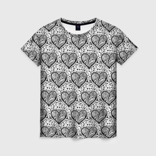 Женская футболка с принтом Сердце в черно белых узорах, вид спереди №1