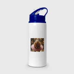 Бутылка для воды с трубочкой Мем капибара балерина в розовой юбке