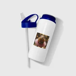 Бутылка для воды с трубочкой Мем капибара балерина в розовой юбке - фото 2