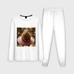 Мужская пижама с лонгсливом хлопок Мем капибара балерина в розовой юбке