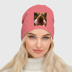 Женская шапка демисезонная Мем капибара балерина в розовой юбке - фото 2