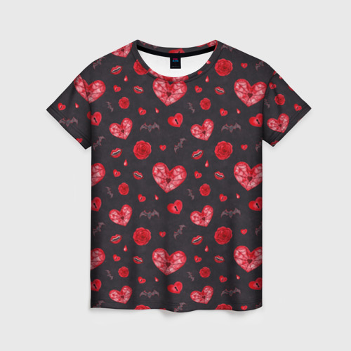 Женская футболка с принтом Готичные сердечки, вид спереди №1