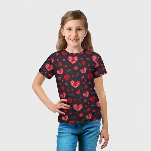 Детская футболка 3D с принтом Готичные сердечки, вид сбоку #3