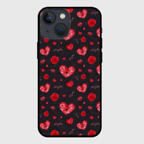 Чехол для iPhone 13 mini с принтом Готичные сердечки, вид спереди #2