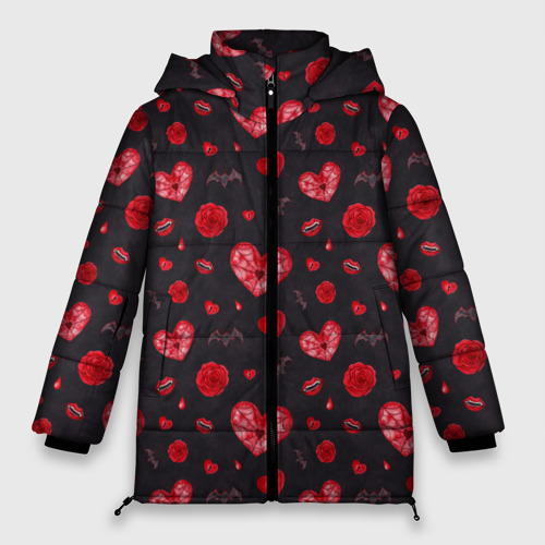 Женская зимняя куртка 3D с принтом Готичные сердечки, вид спереди #2
