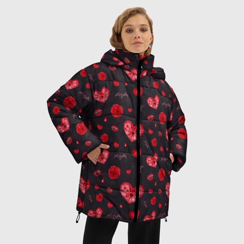 Женская зимняя куртка 3D с принтом Готичные сердечки, фото на моделе #1