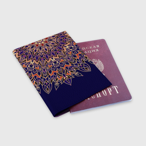 Обложка для паспорта матовая кожа Мандала сине-оранжевый, цвет фиолетовый - фото 3