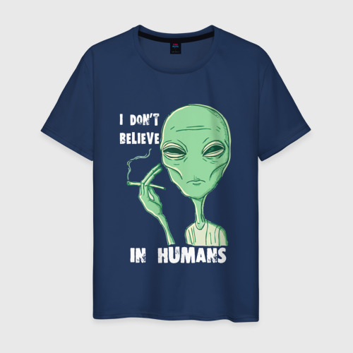 Мужская футболка из хлопка с принтом Зеленый инопланетянин с сигаретой, вид спереди №1