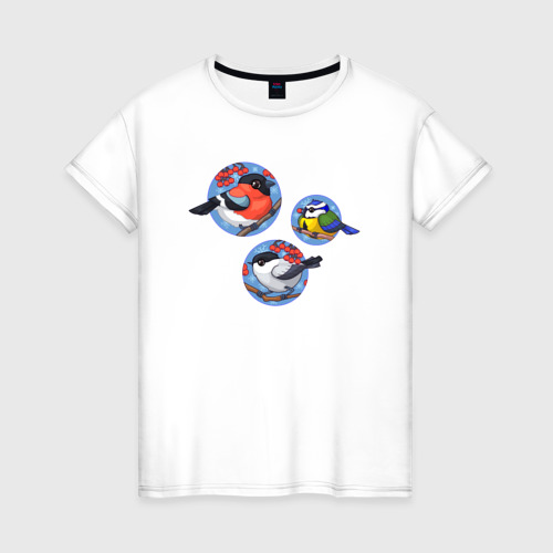 Женская футболка из хлопка с принтом Зимние птички, вид спереди №1
