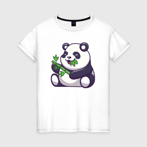 Женская футболка из хлопка с принтом Панда ест бамбук, вид спереди №1