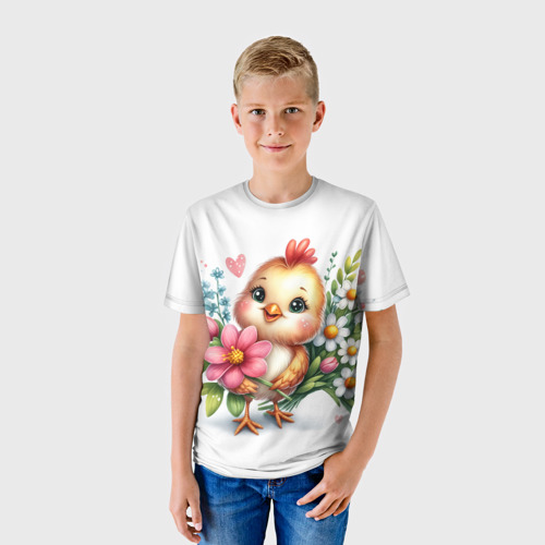 Детская футболка 3D Мультяшный цыпленок с цветами, цвет 3D печать - фото 3