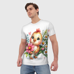 Мужская футболка 3D Мультяшный цыпленок с цветами - фото 2