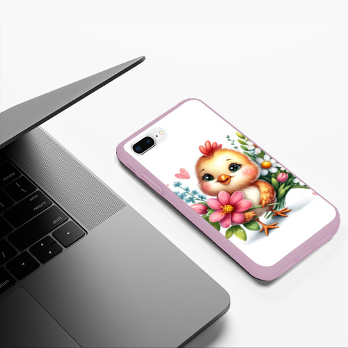 Чехол для iPhone 7Plus/8 Plus матовый Мультяшный цыпленок с цветами, цвет розовый - фото 5