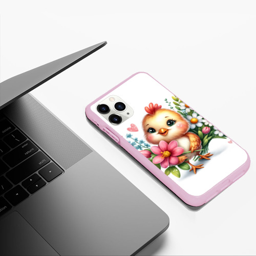 Чехол для iPhone 11 Pro Max матовый Мультяшный цыпленок с цветами, цвет розовый - фото 5