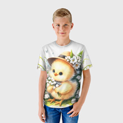 Детская футболка 3D Мультяшный цыпленок с цветами ландыша - фото 2