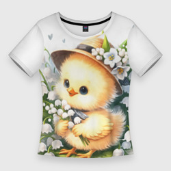 Женская футболка 3D Slim Мультяшный цыпленок с цветами ландыша