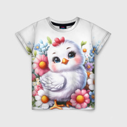 Детская футболка 3D Мультяшная курица с цветами акварелью