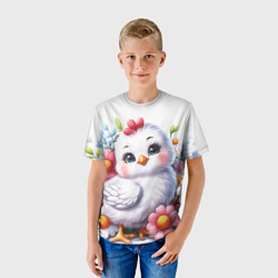 Детская футболка 3D Мультяшная курица с цветами акварелью - фото 2