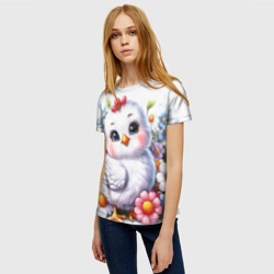 Женская футболка 3D Мультяшная курица с цветами акварелью - фото 2