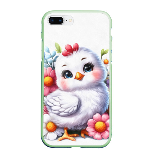 Чехол для iPhone 7Plus/8 Plus матовый Мультяшная курица с цветами акварелью, цвет салатовый