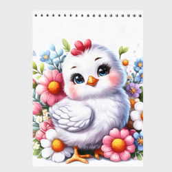 Скетчбук Мультяшная курица с цветами акварелью