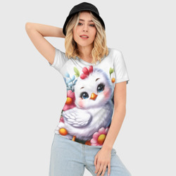Женская футболка 3D Slim Мультяшная курица с цветами акварелью - фото 2