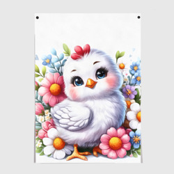 Постер Мультяшная курица с цветами акварелью