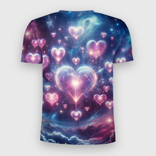 Мужская футболка 3D Slim с принтом Космические сердца - звезды, вид сзади #1
