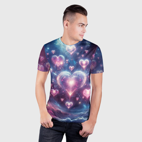 Мужская футболка 3D Slim с принтом Космические сердца - звезды, фото на моделе #1
