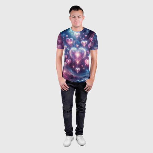 Мужская футболка 3D Slim с принтом Космические сердца - звезды, вид сбоку #3