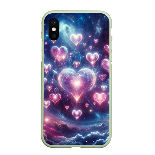 Чехол для iPhone XS Max матовый Космические сердца - звезды, цвет салатовый