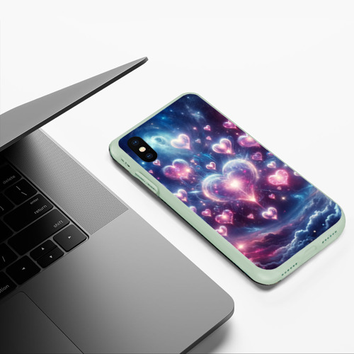 Чехол для iPhone XS Max матовый Космические сердца - звезды, цвет салатовый - фото 5