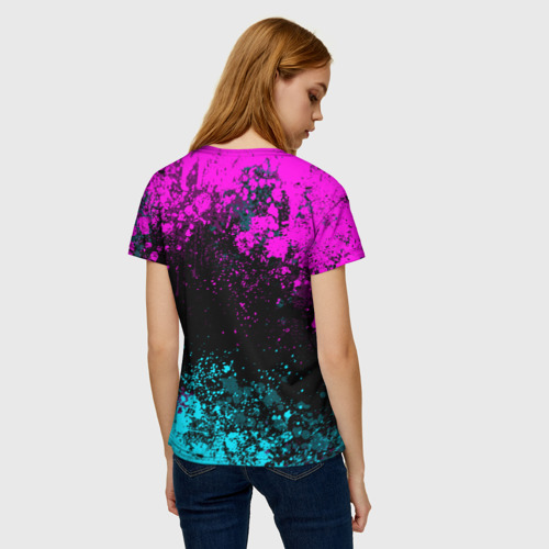 Женская футболка 3D с принтом Ассасин крид мираж- неоновые брызги, вид сзади #2