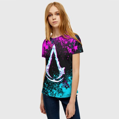 Женская футболка 3D с принтом Ассасин крид мираж- неоновые брызги, фото на моделе #1