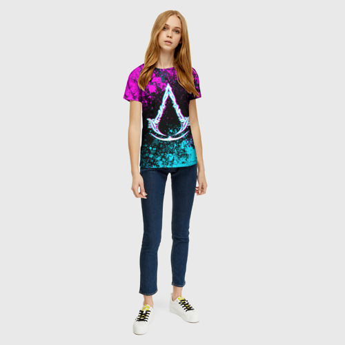 Женская футболка 3D с принтом Ассасин крид мираж- неоновые брызги, вид сбоку #3