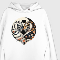 Худи с принтом Тигры - Инь янь для женщины, вид на модели спереди №2. Цвет основы: белый
