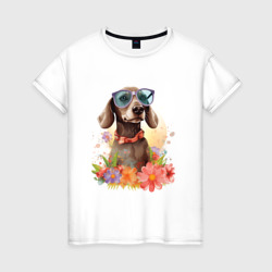 Такса в очках в окружении цветов – Женская футболка хлопок с принтом купить со скидкой в -20%