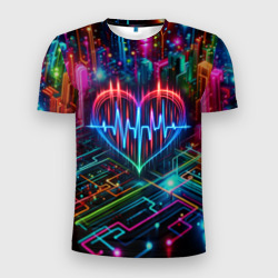 Мужская футболка 3D Slim Неоновое сердце - кардиограмма