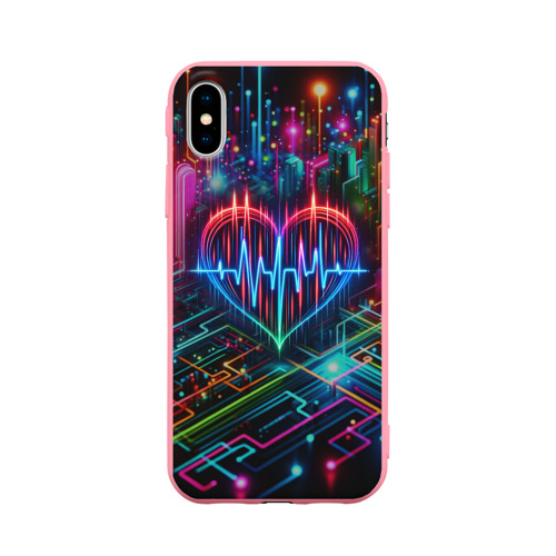 Чехол для iPhone X матовый с принтом Неоновое сердце - кардиограмма, вид спереди #2