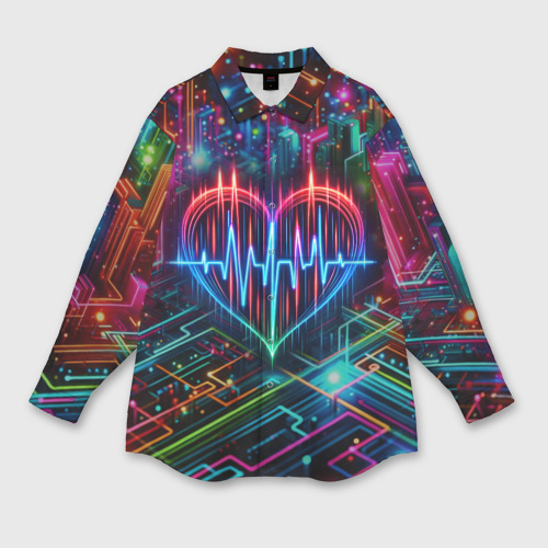 Женская рубашка oversize 3D с принтом Неоновое сердце - кардиограмма, вид спереди #2