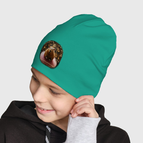 Детская шапка демисезонная Мем капибара и надпись: порхай как бабочка, цвет зеленый - фото 4