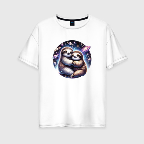 Женская футболка хлопок Oversize с принтом Ленивцы в космосе, вид спереди #2