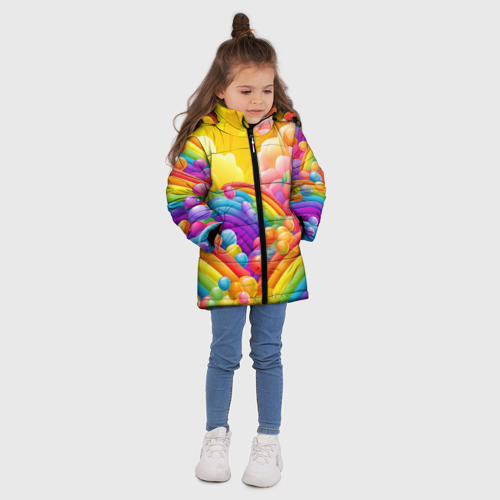 Зимняя куртка для девочек 3D с принтом Радуга и цветные шарики, вид сбоку #3