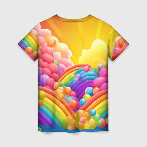 Женская футболка 3D с принтом Радуга и цветные шарики, вид сзади #1