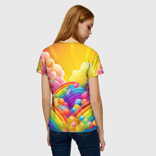 Женская футболка 3D с принтом Радуга и цветные шарики, вид сзади #2