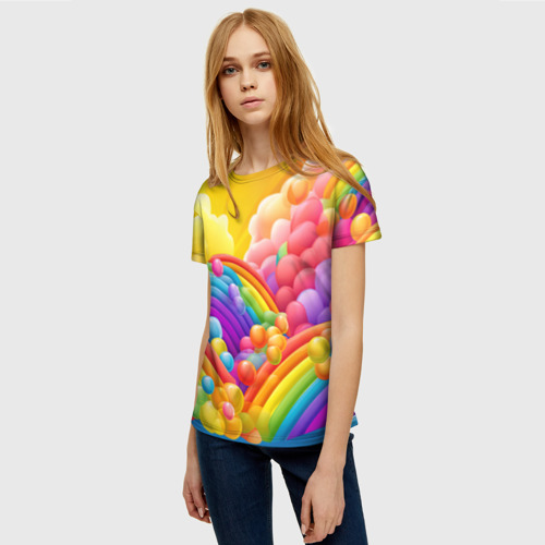 Женская футболка 3D с принтом Радуга и цветные шарики, фото на моделе #1